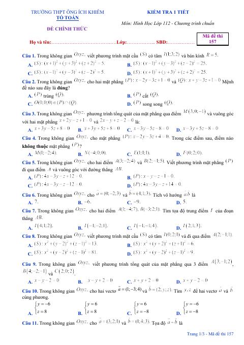 Đề kiểm tra 1 tiết Hình học 12 chương 3 năm 2017 – 2018 trường Ông Ích Khiêm – Đà Nẵng (bản Word)